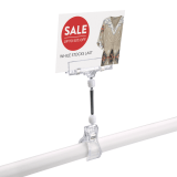 Plastic Card Holder clipped onto a pole rail