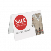 Supervue Acrylic Table Tent Card Holder displaying a sale promotion