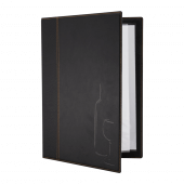 Drinks menu cover with a black faux leather finish