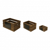 Wooden Display Crates with a dark oak finish and chalkboards