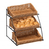 Countertop tiered wicker basket stand with a high back and low front