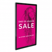 Wall mounted digital advertising screen displaying a sale poster