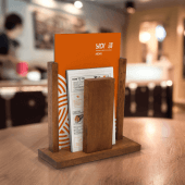Display menus and posters on your tables in a wooden menu holder