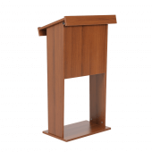 The wooden lectern features a discreet poster gripper