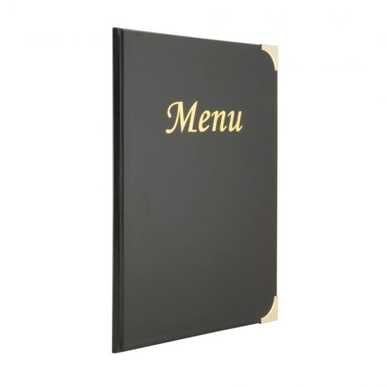 QTY 50 fifty A4 MENU COVER/FOLDER IN BLACK LEATHER LOOK PVC WITH gold BLOCKING 