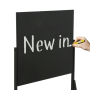 Folding display stand with chalkboard header for easy updates