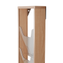 Wall mounted magazine rack with a wooden frame and plastic pockets