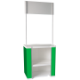 The promotional counter stand has a storage area and shelf