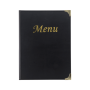 Traditional menu folder with metallic gold text and reinforced corners