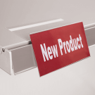 Upward angled shelf talker (35° face) with clear adhesive tape