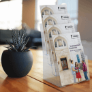 Countertop leaflet holders displaying university prospectuses