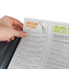 Menu sleeves inside the menu cover let you insert your menu pages