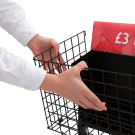 Wire dump bin with removable basket and angled header