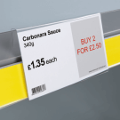 The hook-on shelf talker simply hooks onto the top of your shelf risers