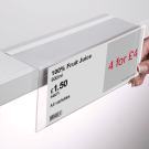 Choose between a right angled or upward facing shelf talker with clear adhesive tape