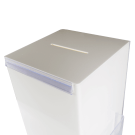 White plastic ballot box with header gripper, leaflet and poster holder