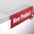 Right angled shelf talker (90° face) with clear adhesive backing (pictured in white for illustrative purposes only)