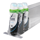 Shelf pusher system using push feeds and guide rail, alongside dividers and a T rail