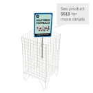 White wire dump bins can be used with showcard holders to display promotions