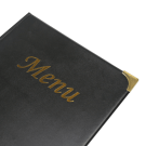 Hardback plastic menu covers with metal reinforced edges