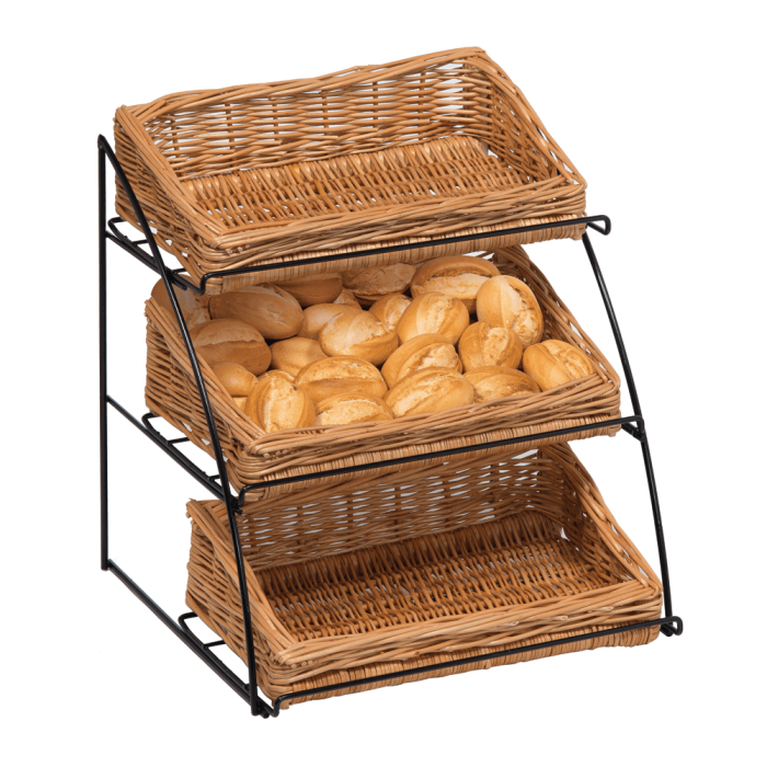 Countertop 3 tiered wicker basket stand with a high back and low front