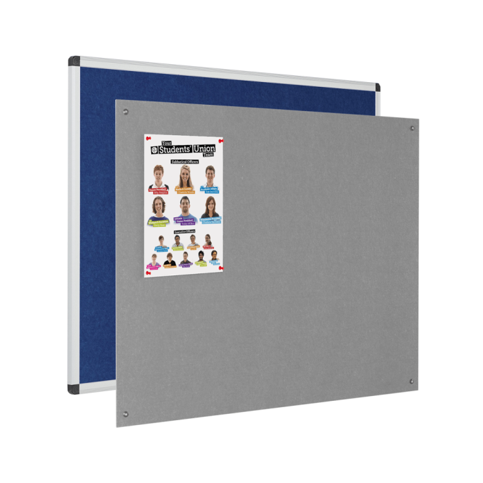 Fire resistant noticeboards in blue or grey, framed or unframed