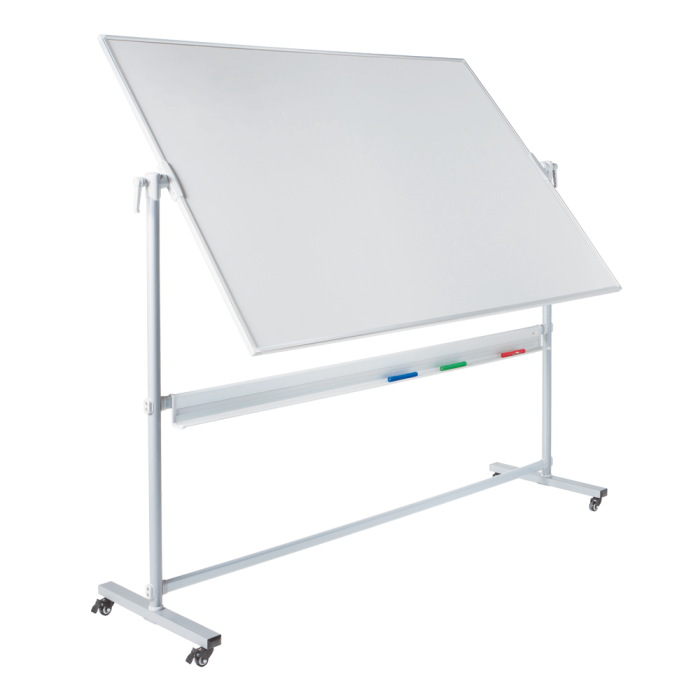 Large magnetic whiteboard on wheels with double sided display