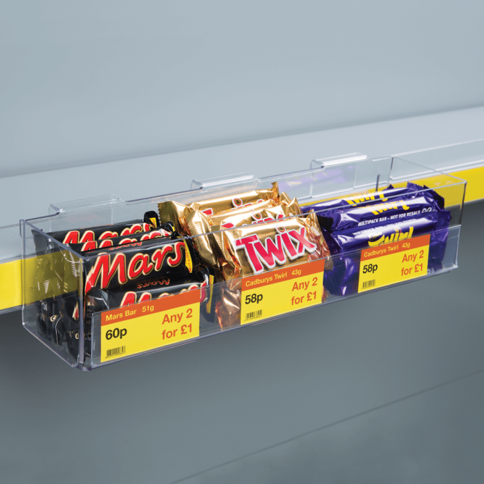 Clear Merchandising Tray for shelf edges, supplied with one data strip