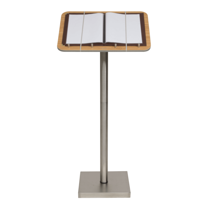 Stainless steel menu display stand with wood effect display