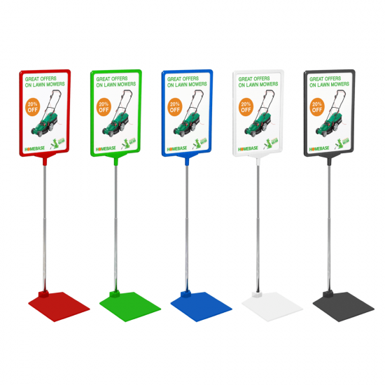 Plastic frame poster stands with coloured bases
