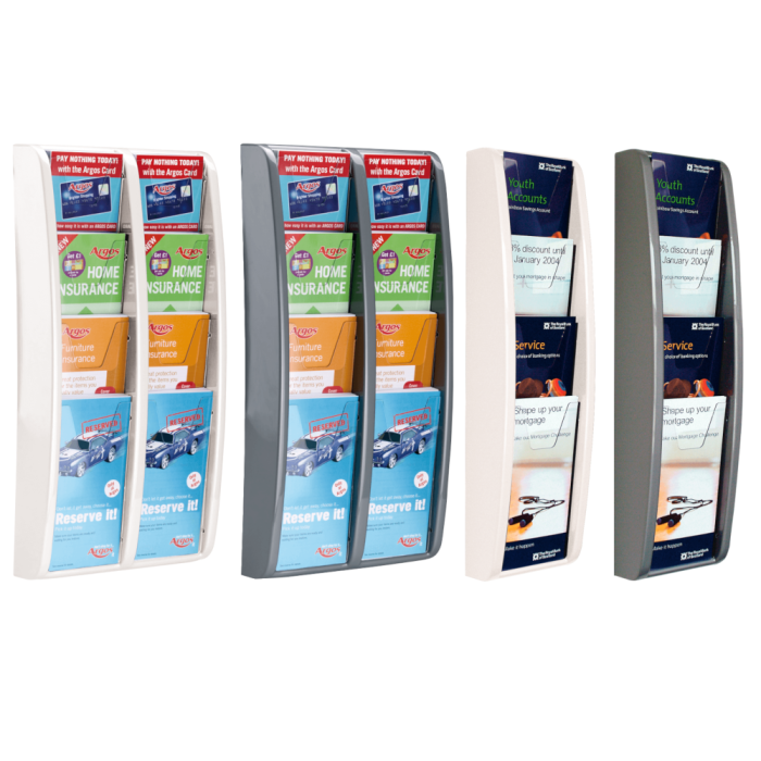 Wall mounted tiered leaflet holder available in various sizes