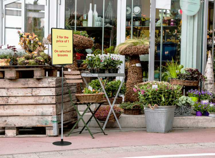 Showcard sign outside a garden centre