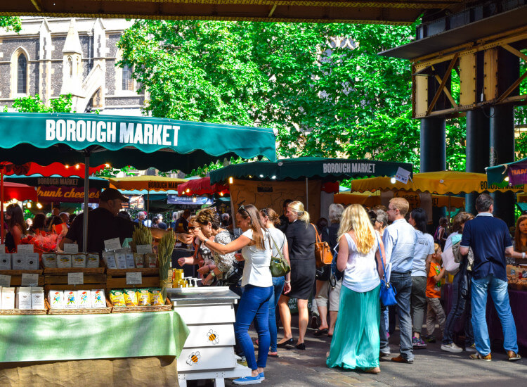 Market stall signs and stands