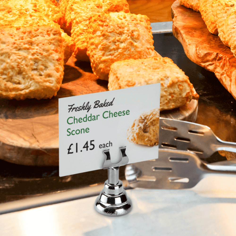 harp clip sign holder displaying cheddar cheese scones prices