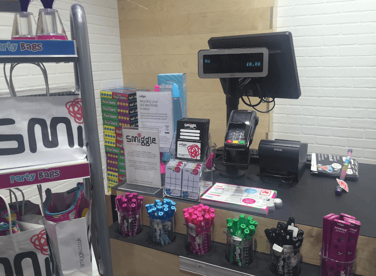 merchandising display stands at a checkout
