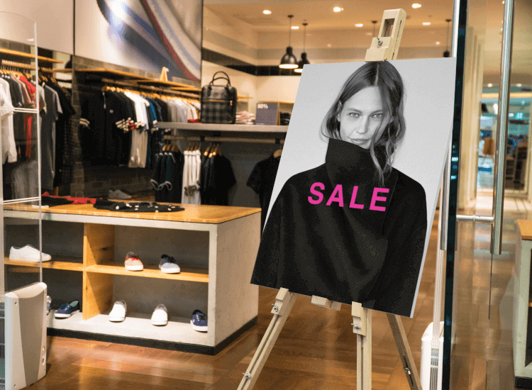 wooden easel displaying a poster board outside a clothes shop