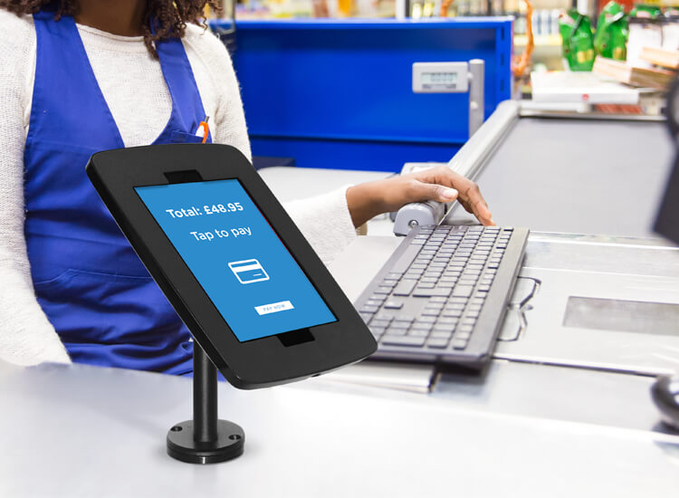 Tablet stands and digital screens for checkout counter display
