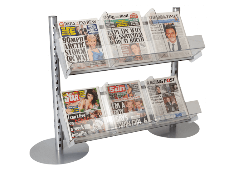 Newspaper stand for in queue merchandising