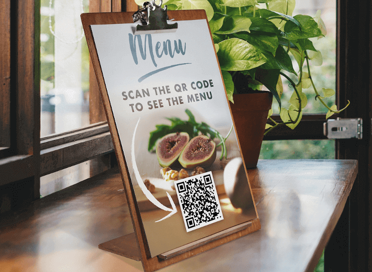 Wooden menu holder with QR code poster