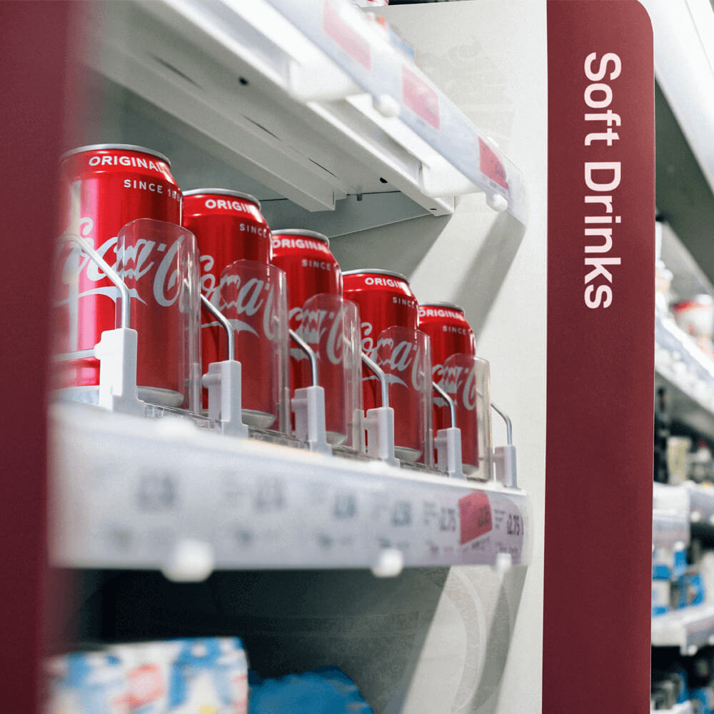 slow feed shelf pusher system for drink cans