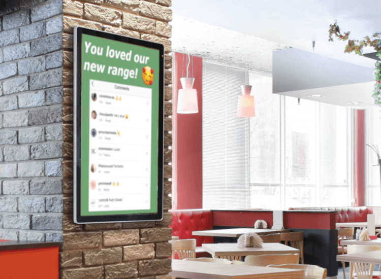 Positive comments and reviews from social media displayed on digital signage