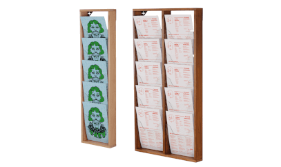 Use a magazine display rack for brochures and catalogues