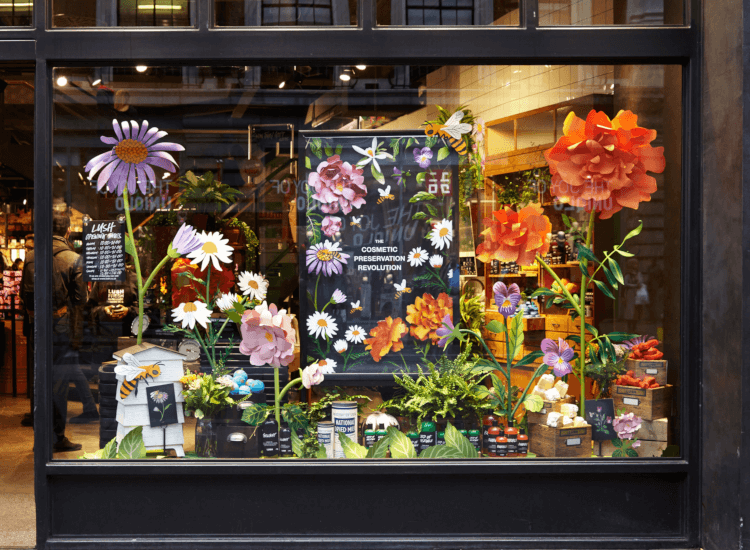 types of window display examples include this floral shop window presentation by Owen Gildersleeve