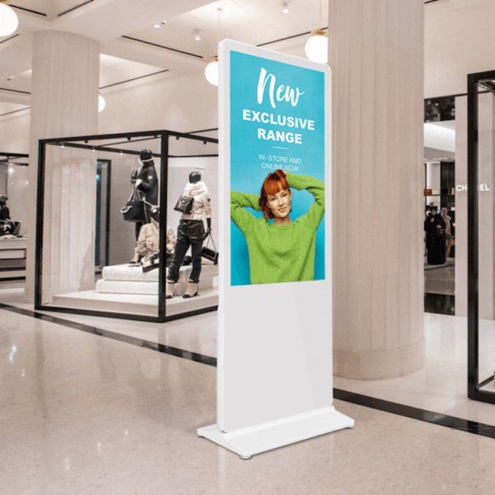 white digital display totem retail store