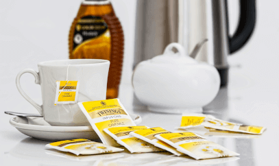 Teabag sachets featuring the Twinings logo